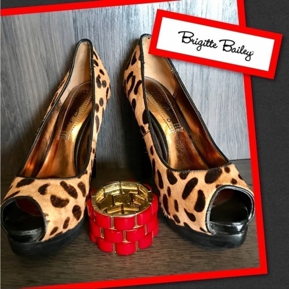brigitte Bailey Size 5 Peep Toe Platform Pumps Leopard Print Calfs hair - Picture 2 of 7